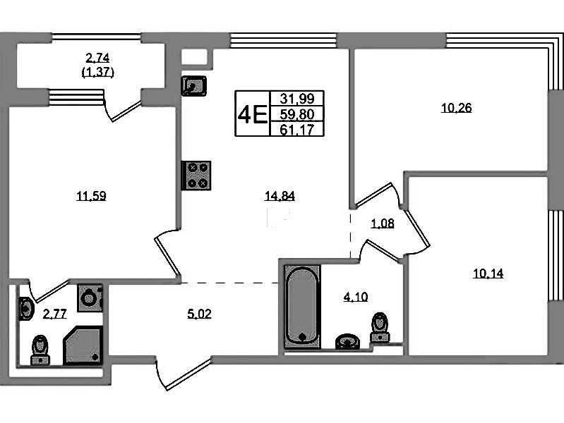 3-комнатная квартира 61.17 м², 1/12 эт., ЖК «GloraX Новоселье»